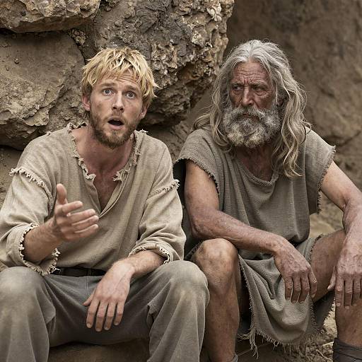 Two men in rustic clothing sitting by rocky dirt wall