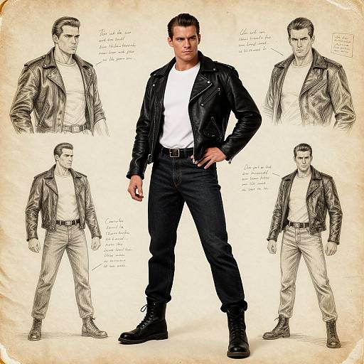 Digital drawing of a muscular man in a black leather jacket, white shirt, and dark jeans, surrounded by detailed sketches of the same outfit from different angles