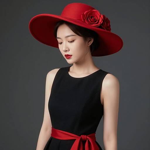 Woman in Red Hat and Black Dress
