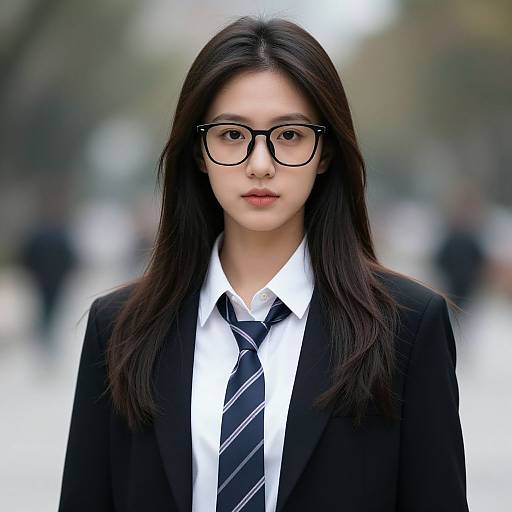Photograph of an Asian woman with long black hair, wearing black-rimmed glasses, a black blazer, white shirt, and striped tie,