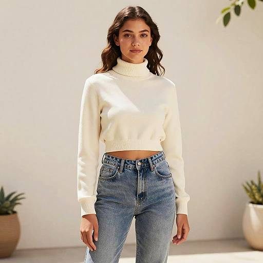 Teenage Woman in Cream Turtleneck Crop Top and Mom Jeans