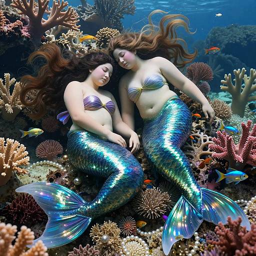 Voluptuous Mermaid Sisters in Coral Reef