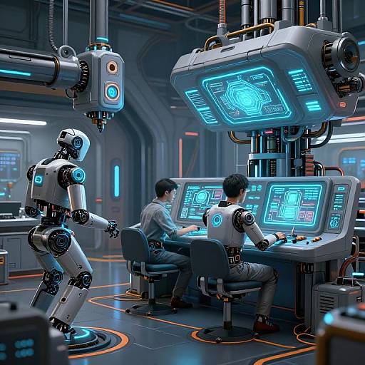 Photorealistic CGI of a futuristic control room with two human males operating holographic screens, accompanied by a standing humanoid robot.