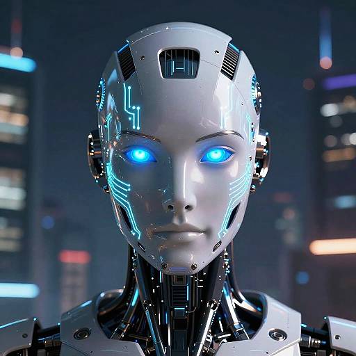 Photorealistic CGI of a silver humanoid robot with glowing blue eyes, intricate circuit patterns, and a futuristic cityscape background.