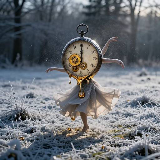 Photograph of a surreal figure with a clock head, arms outstretched, wearing a flowing white dress, standing in a frosty forest. Sun