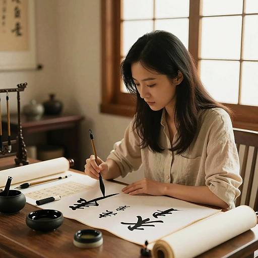 Asian Woman Practicing Traditional Calligraphy