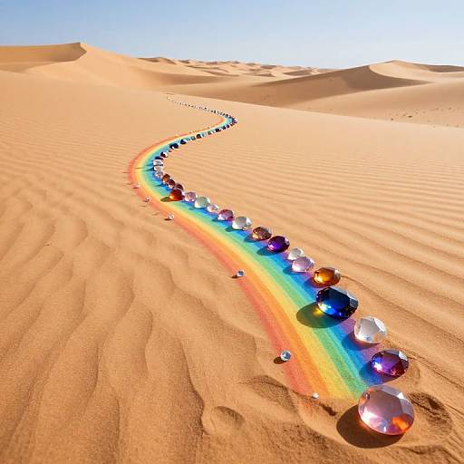 Photorealistic CGI: Rainbow trail of colorful, reflective spheres snakes through golden sand dunes under a clear, bright blue sky.