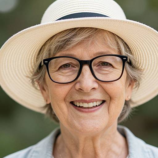 Close-up photograph of an elderly woman with short gray hair, wearing black-framed glasses, a white straw hat, and a white shirt, smiling warmly