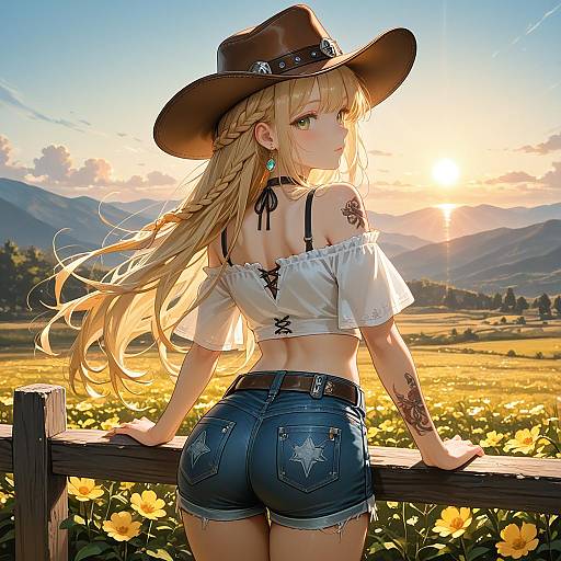 Blonde Woman in Denim Shorts and Cowboy Hat at Sunset