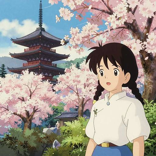 Anime-style digital illustration of a girl with black braids, white shirt, and blue skirt, standing in front of a traditional Japanese pagoda surrounded by
