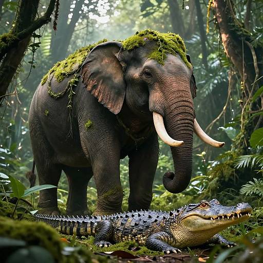 Photograph of a moss-covered elephant with large white tusks standing over a detailed, textured alligator in a dense, lush jungle.