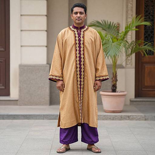 Photograph of a South Asian man in a golden traditional kurta with purple pants, standing on a tiled sidewalk, potted plant in the background.