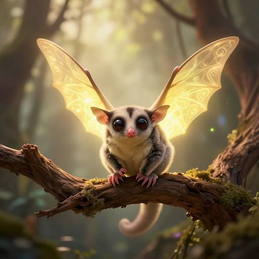 Digital artwork of a cute, small, furry creature with large, glowing, translucent wings and big, black eyes perched on a moss-covered branch in