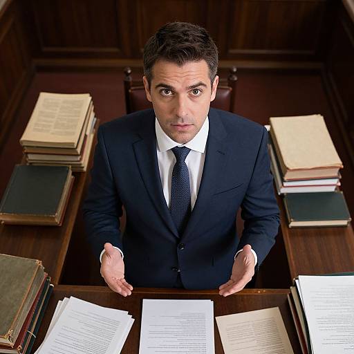 Confident Advocate in Dim Courtroom