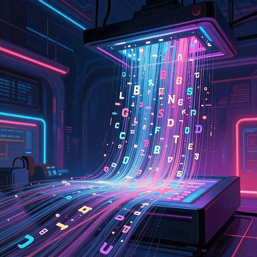 Neon-lit futuristic room with glowing alphabet letters cascading from a rectangular light box, surrounded by vibrant blue, pink, and purple LED lights.