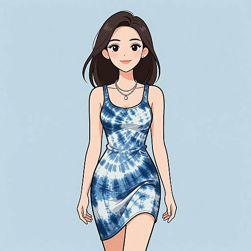 Smiling Woman in Blue Tie-Dye Dress