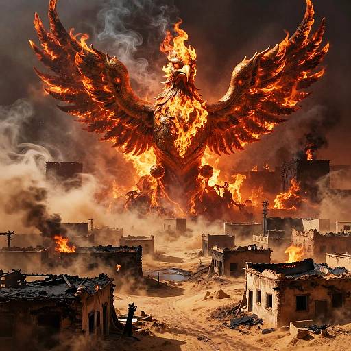 Photorealistic digital artwork of a massive, fiery phoenix with outstretched wings rising from a burning, war-torn village, surrounded by smoke and