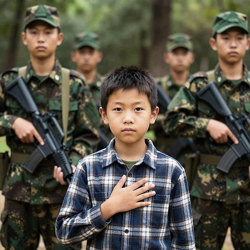 Young Boy Surrounded by Soldiers in Forest