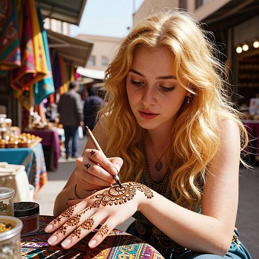 Photograph of a blonde woman with wavy hair, wearing a colorful dress, henna-tattooed hand, writing with a stick in a