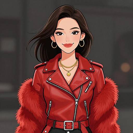 Digital anime-style drawing of a confident woman with fair skin, black hair, red leather jacket, gold necklace, hoop earrings, and red fur sleeves.