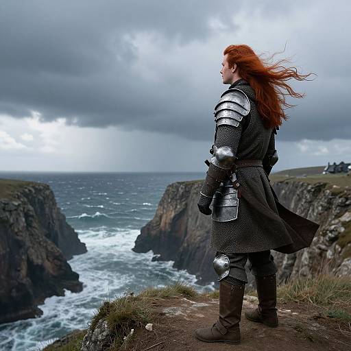 Photograph of a red-haired man in medieval armor standing on a cliff, overlooking a stormy ocean with rocky cliffs. Wind blows his hair. Over