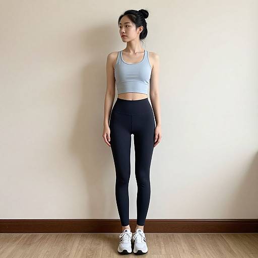 Photograph of an Asian woman with black hair in a bun, wearing a light blue sports bra and black high-waisted leggings, standing against a