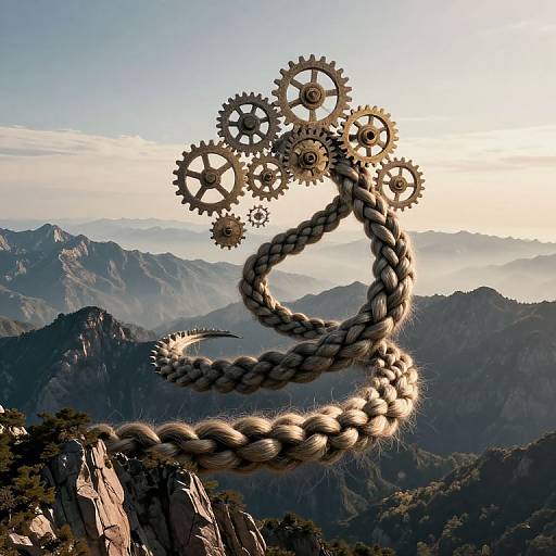 Photograph of mountain range with large, floating, metallic gears and a braided rope coiled above, sunlit sky in background.