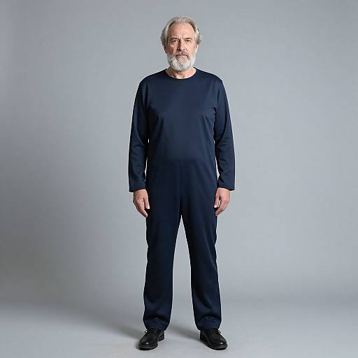 Photograph of an older white man with a gray beard, wearing a black long-sleeve shirt and pants, standing against a plain gray background.
