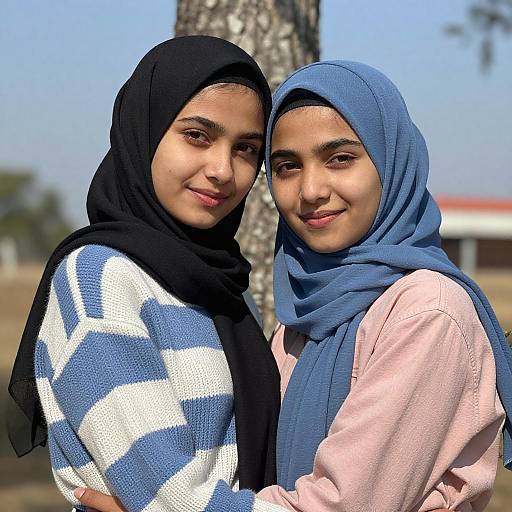 Two Women Hugging in Hijabs