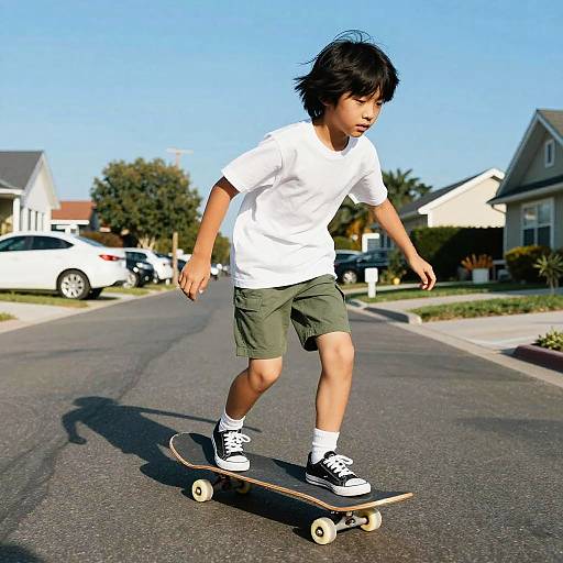 Photograph of an Asian boy with black hair, wearing a white t-shirt, green shorts, and black sneakers, skateboarding on a suburban street with