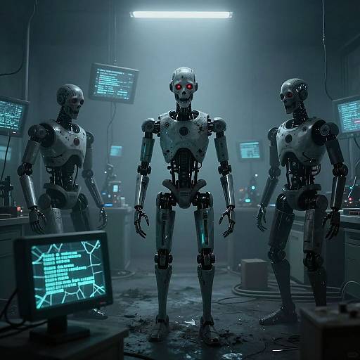 Photograph-style CGI: Three glowing-red-eyed robotic humans in a dimly-lit, futuristic lab, surrounded by screens displaying blue holographic data.