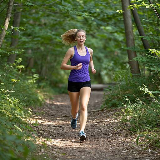 Photograph of a blonde woman in a purple tank top and black shorts, running on a wooded path with lush greenery.