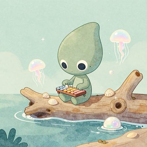 Pastel Alien Playing Seashell Xylophone