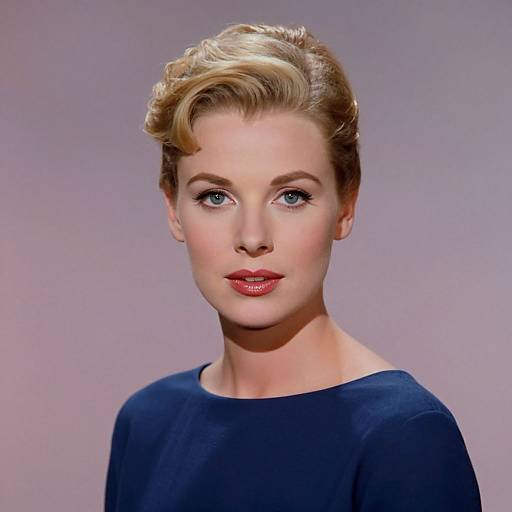 Photograph of a blonde woman with short, wavy hair, blue eyes, and red lipstick, wearing a dark blue top, against a plain gray