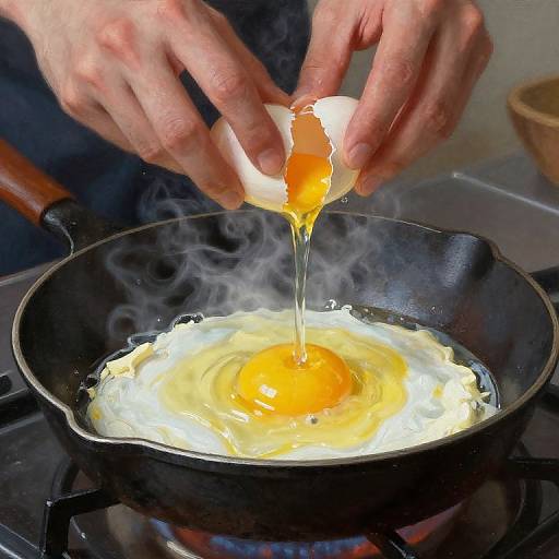 Photograph of hands cracking egg over frying pan with sunny-side-up egg, steam rising, vibrant yellow yolk, white scrambled egg, black cast-