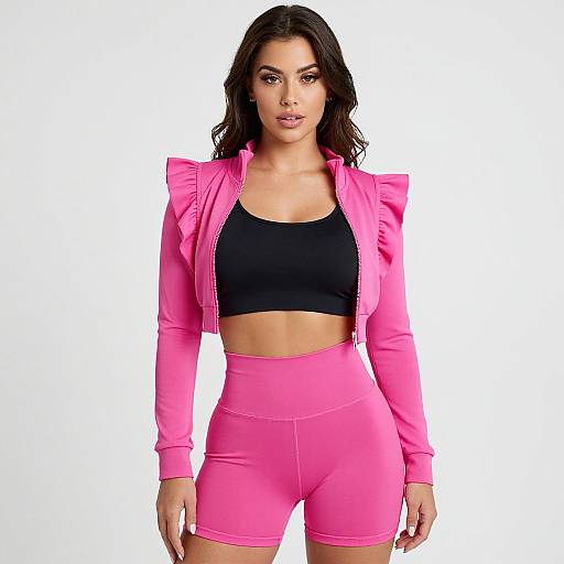 Photograph of a confident woman with long dark hair, wearing a pink ruffled jacket, black sports bra, and high-waisted pink shorts,