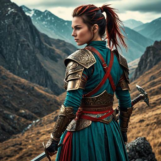 Female Warrior in Bronze Armor in Mountain Landscape
