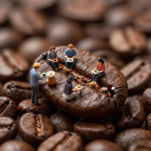 Photograph of tiny people on a coffee bean, gathering around a table with coffee cups and snacks, surrounded by more coffee beans.