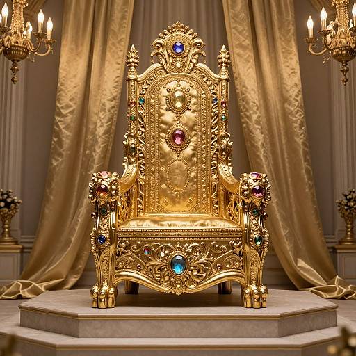 Luxurious, ornate golden throne with intricate carvings, colorful gemstones (ruby, sapphire, emerald), and floral accents, set