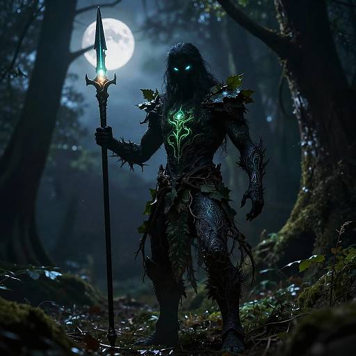 Digital art: Dark, glowing-eyed forest warrior with intricate armor and thorns, holding a spiked staff, under a full moon in a misty forest