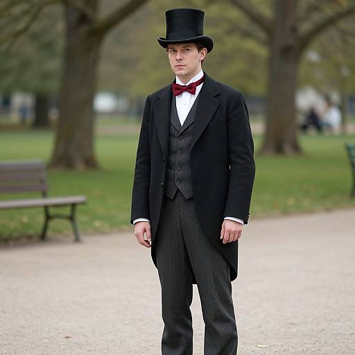 Photograph of a young Caucasian man in black Victorian attire, including top hat, vest, bow tie, and pinstripe suit, standing in a