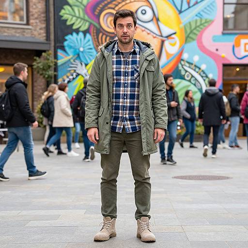 Photograph of a bearded man in a green jacket and blue plaid shirt standing in a bustling urban street with colorful graffiti and pedestrians in the background