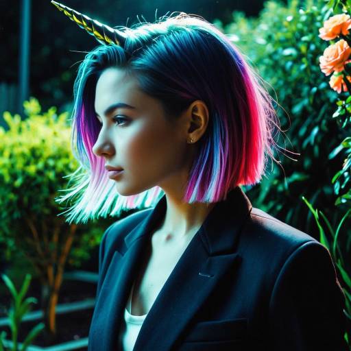 Woman with Unicorn Hair and Sleek Blazer in Garden