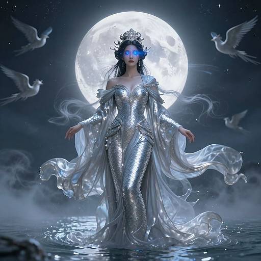 Digital artwork of a mystical woman with glowing blue eyes, wearing a shimmering silver dress, crowned with a tiara, standing in water against a full
