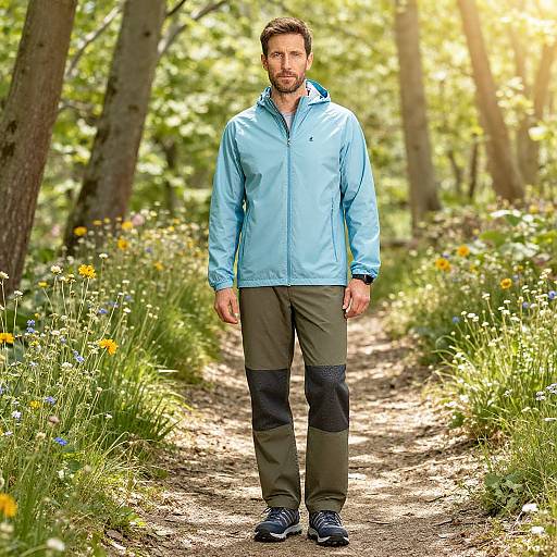 Photograph of a bearded man in a light blue jacket and dark green pants, standing on a sunny forest path with wildflowers.