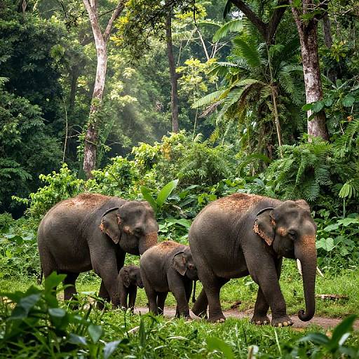 Photograph of three elephants—two adults and one calf—standing in a lush, green forest with sunlight filtering through dense foliage.