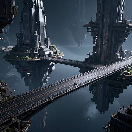 CGI cityscape of a futuristic metropolis with towering skyscrapers, reflective waterways, and illuminated bridges, showcasing a dark, moody,