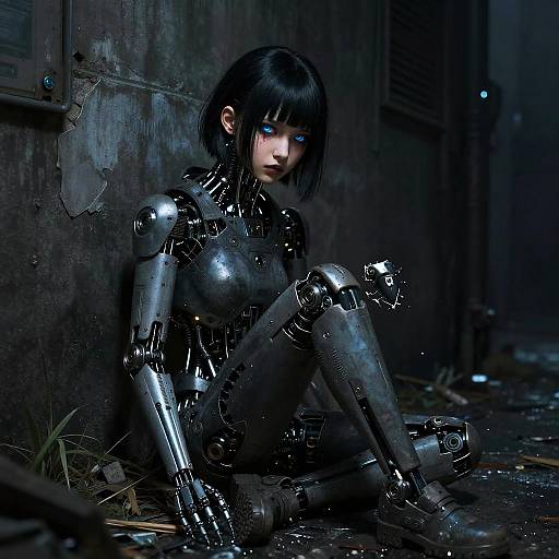 Digital artwork of a melancholic, black-haired, blue-eyed, shiny, humanoid robot with metallic limbs and joints, sitting on a dark, grimy