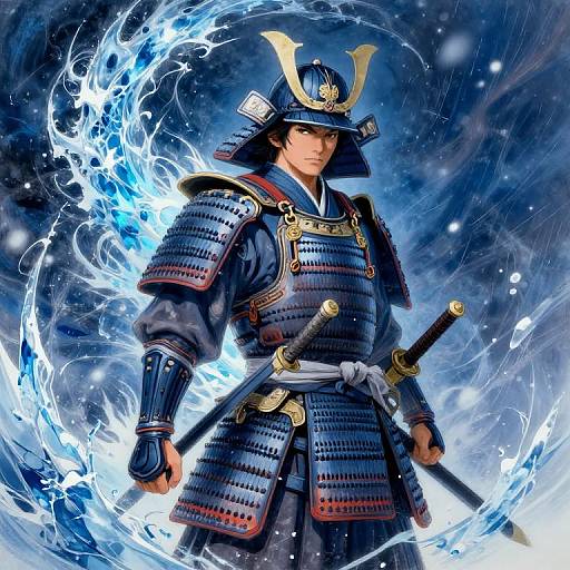 Digital art of a Japanese samurai with blue armor, gold accents, and a sword, surrounded by swirling blue energy. Intense expression.
