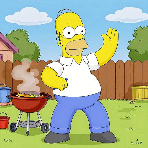 Cartoon of yellow-skinned Homer Simpson in white shirt and blue pants, waving, standing by a red grill with steaming food, in a backyard